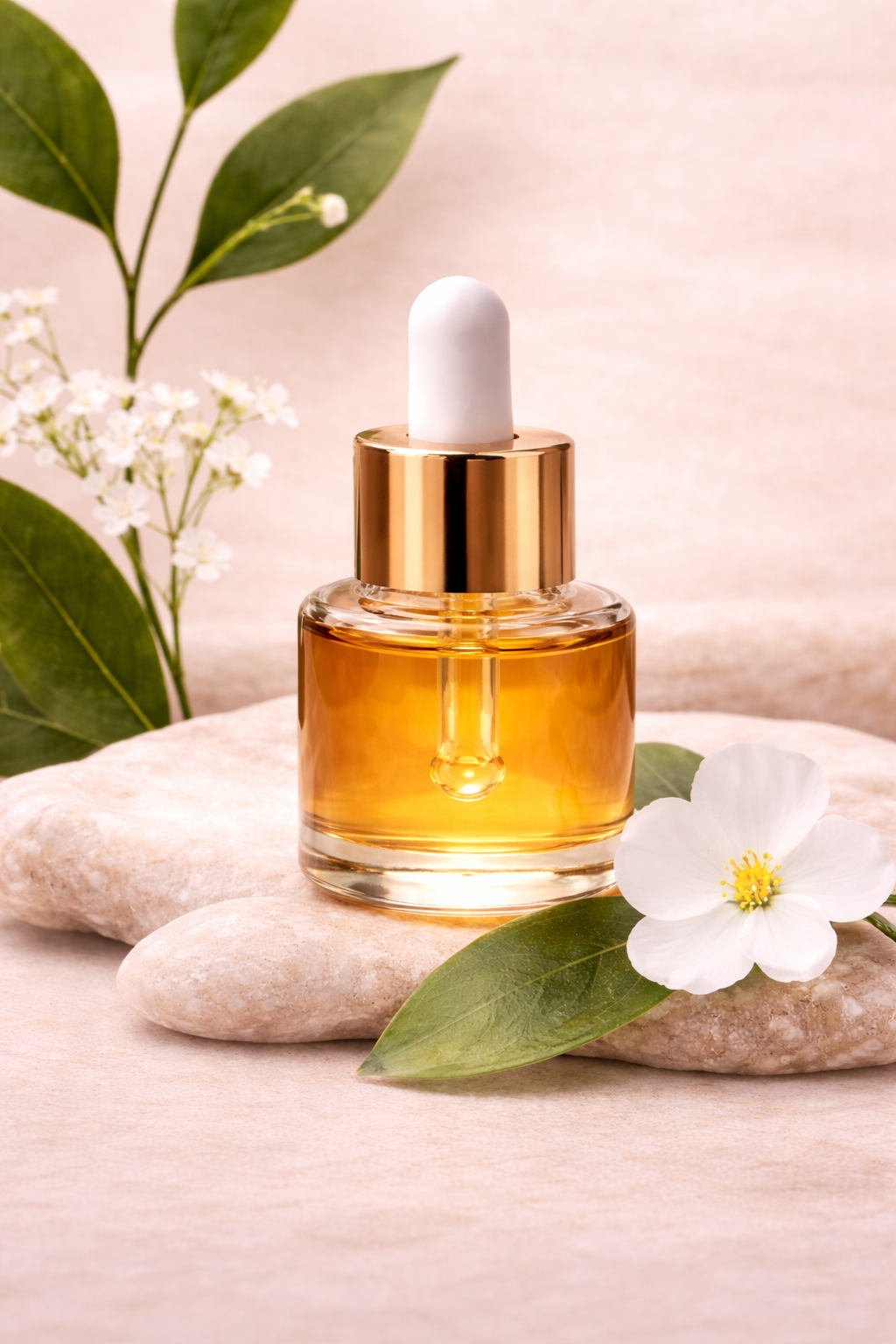 Une bouteille d'huile ou de sérum facial avec un compte-gouttes, placée sur des pierres, entourée de feuilles vertes, de petites fleurs blanches et d'une fleur blanche, dans un décor naturel et apaisant.