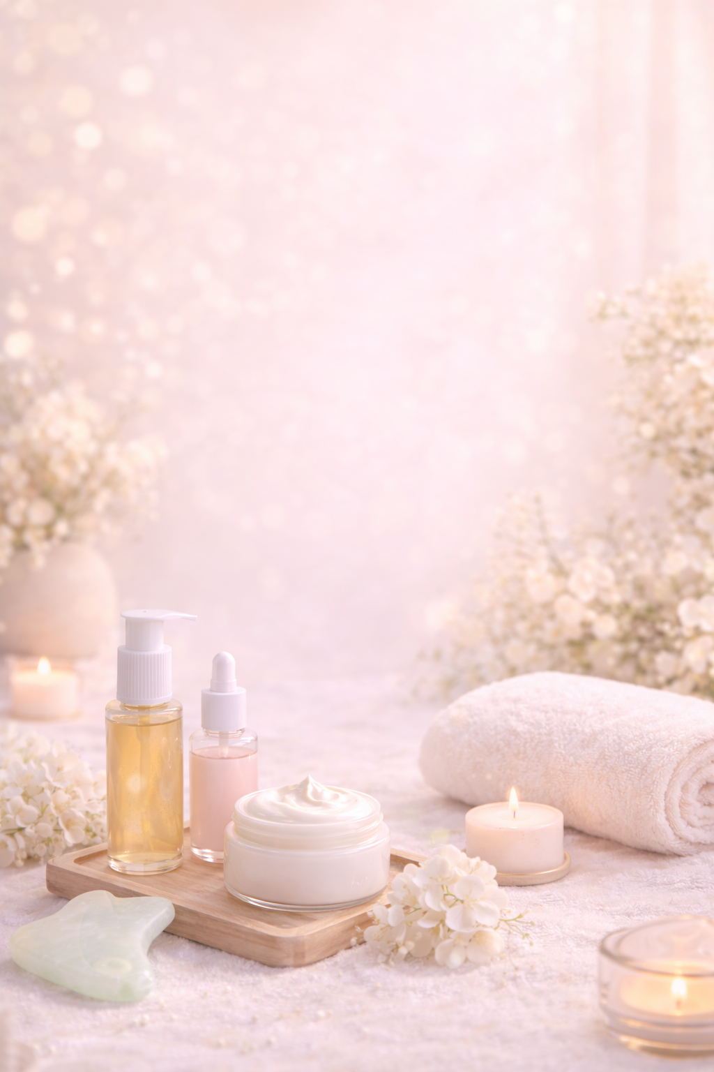 Produits de soins pour la peau disposés sur une planche en bois, entourés de fleurs blanches et de bougies allumées, dans une ambiance relaxante.