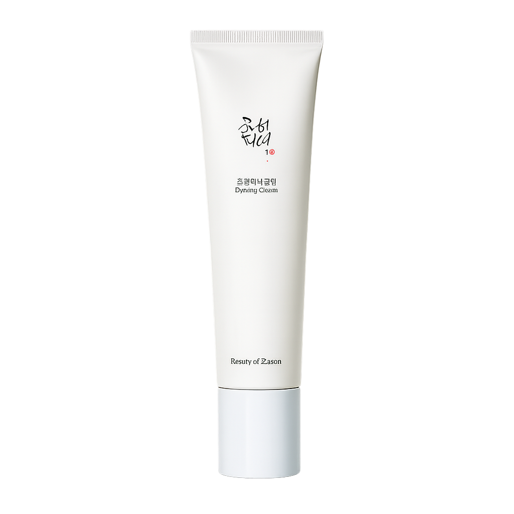 Tube de crème appelée 'Dynging Cleanzm' par 'Resuty of Zason' avec écriture en coréen et anglais sur un fond gris clair.