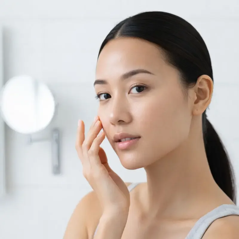 Jeune femme avec peau claire, cheveux noirs, touche son visage dans une salle de bain lumineuse.