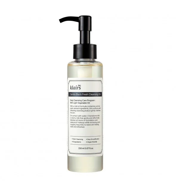 Klairs Gentle Black Fresh Cleansing Oil Huile démaquillante végane premier pas du double nettoyage K-Beauty pour peau sensible.