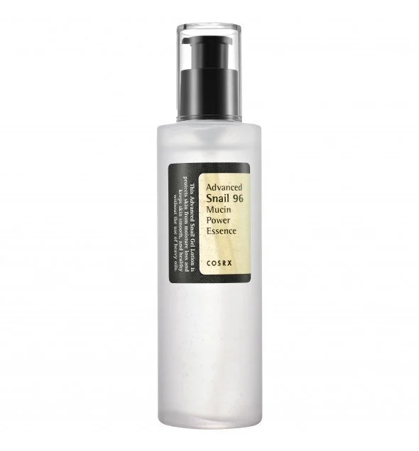 COSRX Advanced Snail 96 Mucin Essence, essence hydratante à la mucine d’escargot pour peau sensible et déshydratée.