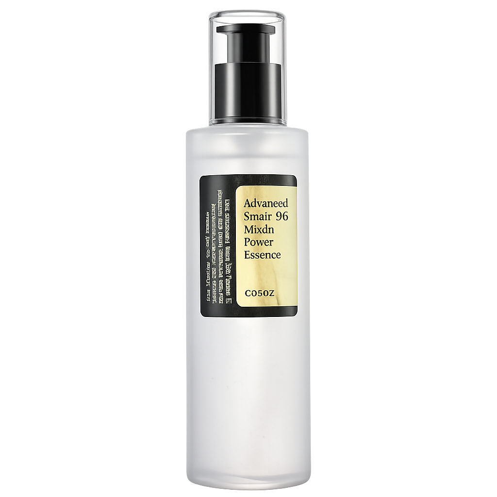 Essence COSRX Snail 96 Mucin Power seule sur fond transparent, flacon pompe minimaliste dans un style skincare coréen premium.
