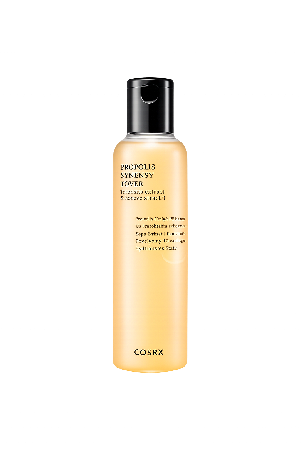 Une bouteille de produit de soin de la peau de la marque COSRX, intitulée 'Propolis Synergy Tver', avec un fond sombre.