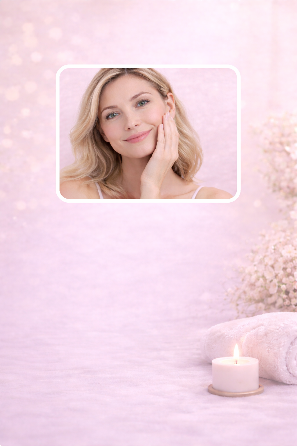 Une femme souriante avec les cheveux blonds et courts, touchant sa joue, avec un fond rose pastel et des fleurs, une bougie allumée et une serviette roulée sur une surface blanche.