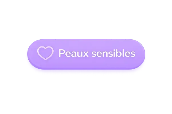 Bouton violet avec un cœur blanc et le texte "Peaux sensibles"