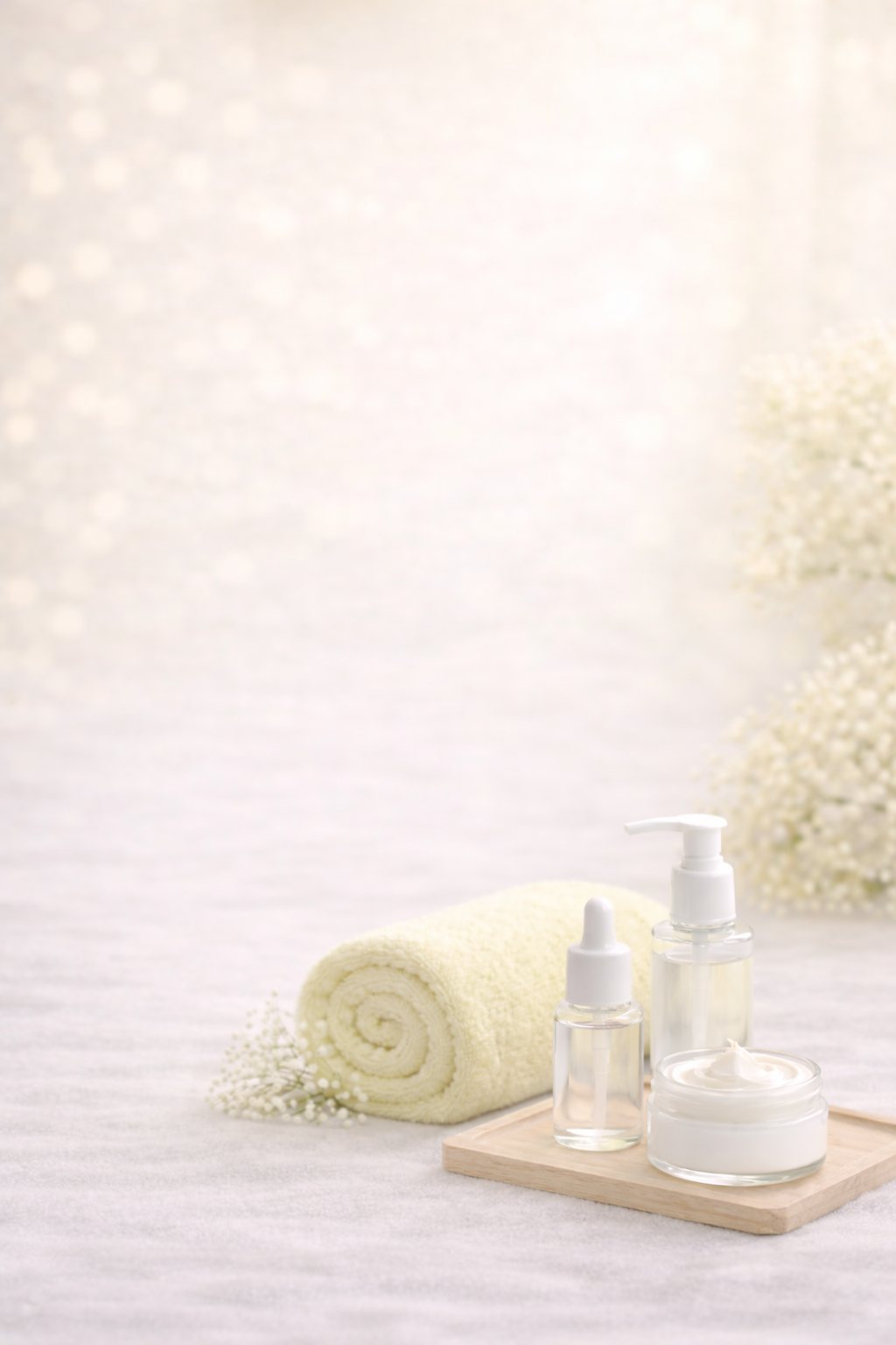 Produits de soins de la peau et serviette roulée sur une surface blanche, avec un fond aux tons pastel et des fleurs blanches.