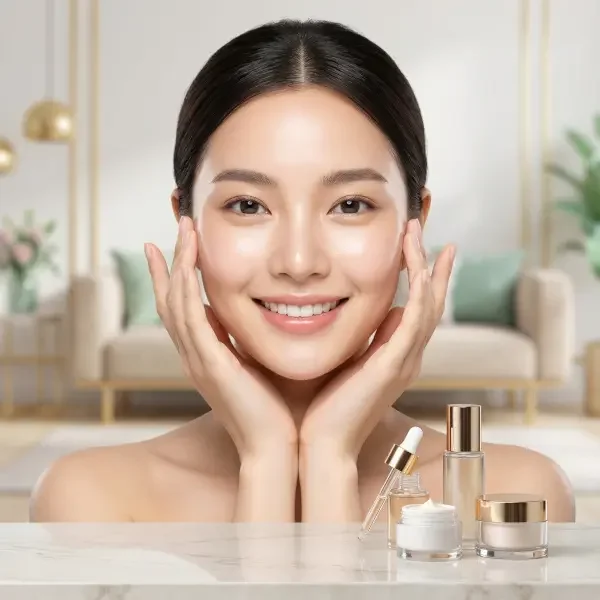 Femme souriante appliquant des soins de beauté devant des produits cosmétiques sur une table.