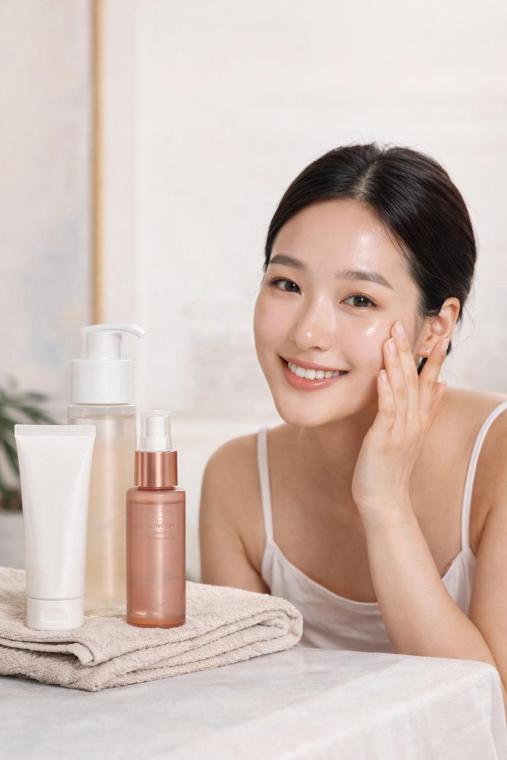 Femme souriante utilisant des produits de soin sur son visage, avec des bouteilles et un towel beige à côté.