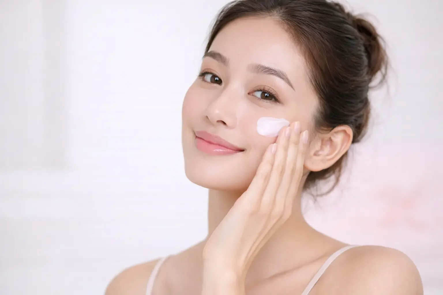 Jeune femme souriante appliquant de la crème sur sa joue dans un contexte de soin de la peau.