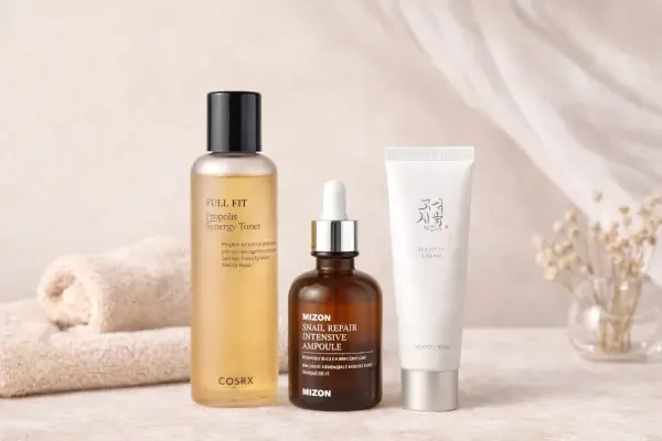 Trois produits de soin de la peau sur une surface claire avec une serviette roulée et un vase de fleurs blanches en arrière-plan.