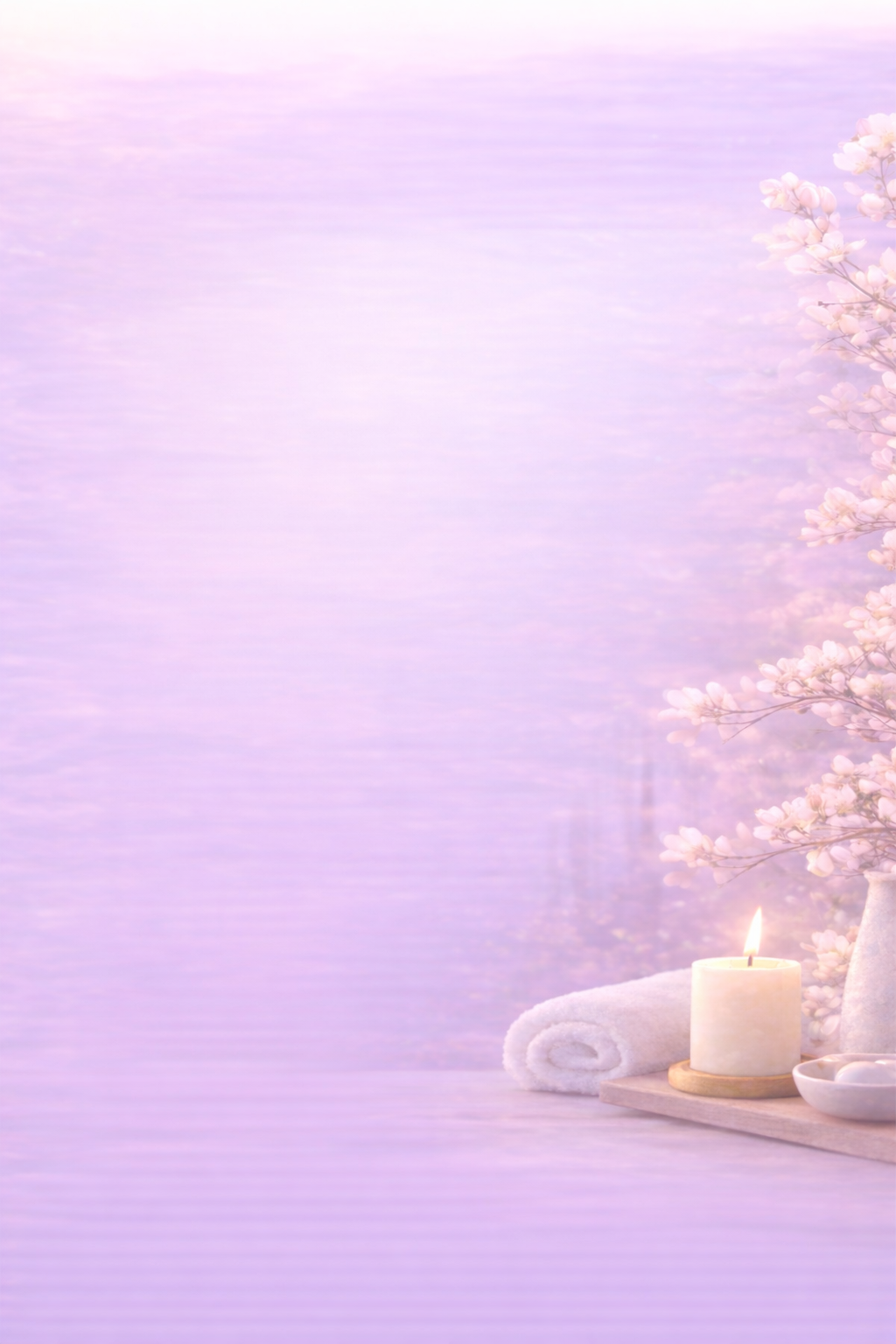 Bain balnéo avec fleurs de cerisier, bougie allumée, serviette blanche pliée, et pot à lait, ambiance relaxante et zen.