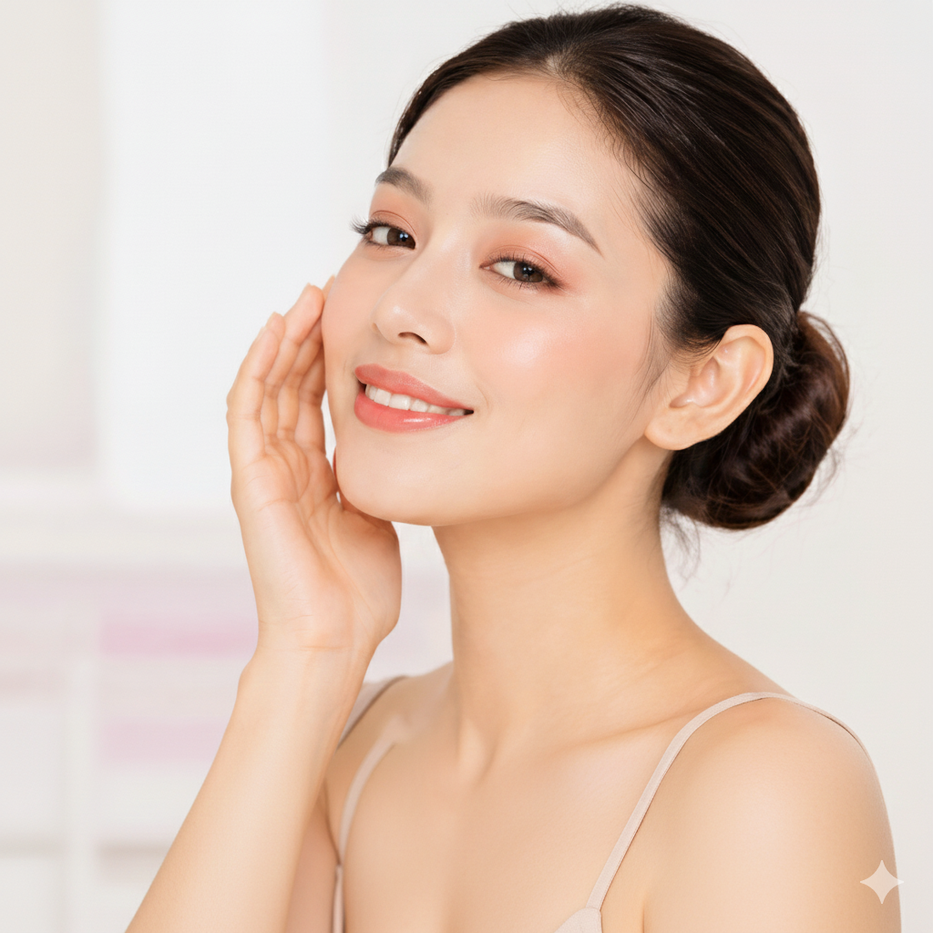 Jeune femme souriante avec peau claire, maquillage léger, cheveux coiffés en chignon, portant une robe à fines bretelles, à l'intérieur.