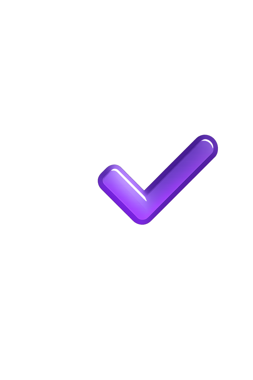 Une grande coche violette en 3D sur un fond noir avec du texte en anglais indiquant 'Validation réussie'.