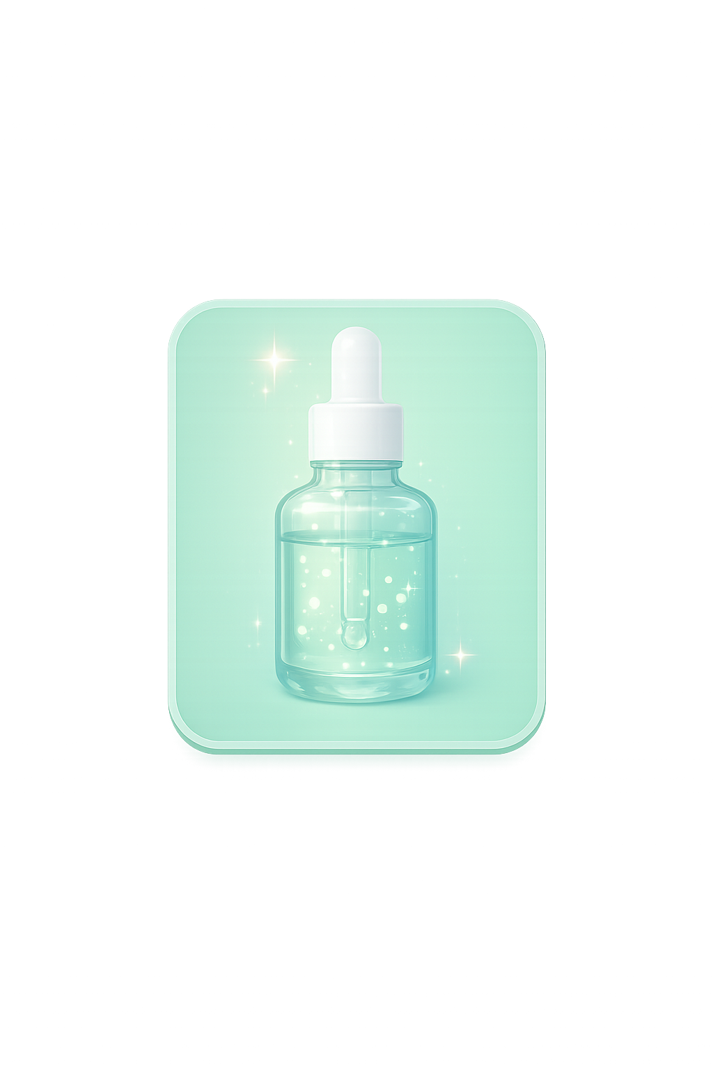 Flacon transparent avec pipette, rempli d'un liquide lumineux et des étincelles, sur fond vert pâle