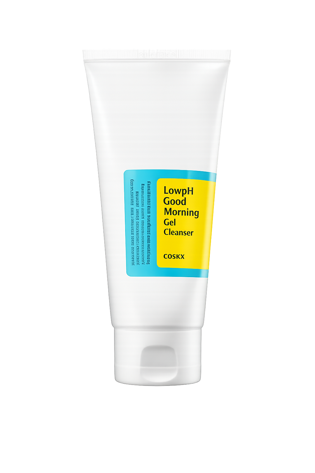 Tube de gel nettoyant visage portant une étiquette jaune et bleue, marquée 'LowpH Good Morning Gel Cleanser' de la marque COSXX.