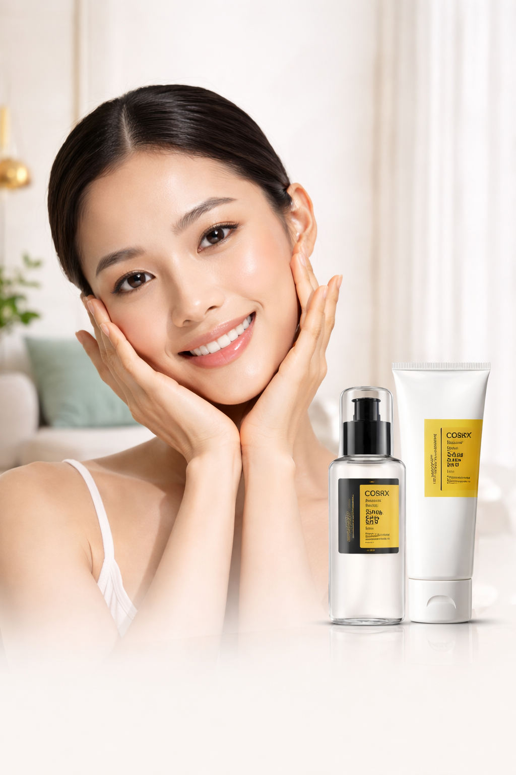 Femme souriante avec produits cosmétiques à la maison.