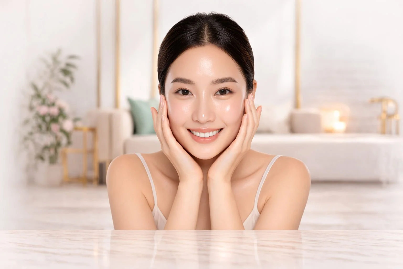 Jeune femme asiatique souriante, tenant son visage avec ses mains dans un intérieur lumineux et moderne avec canapé, plantes et lampes