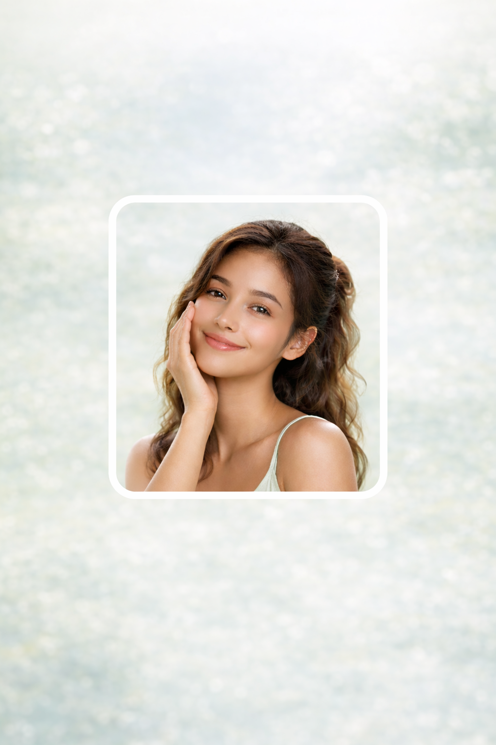 Une jeune femme souriante avec des cheveux bruns ondulés, portant une robe légère, touchant doucement sa joue