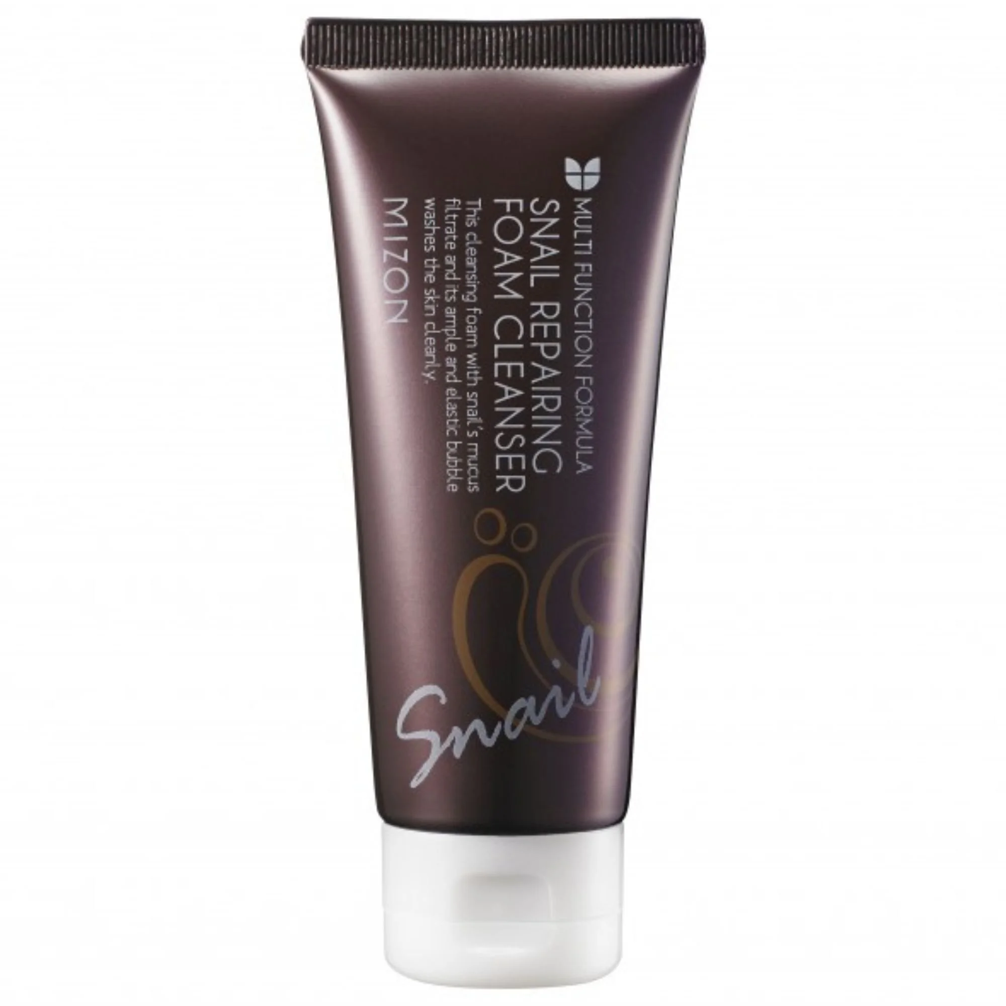 Photo de studio du Mizon Snail Repairing Foam Cleanser. Tube de nettoyant moussant K-Beauty à la bave d'escargot, couleur marron foncé.