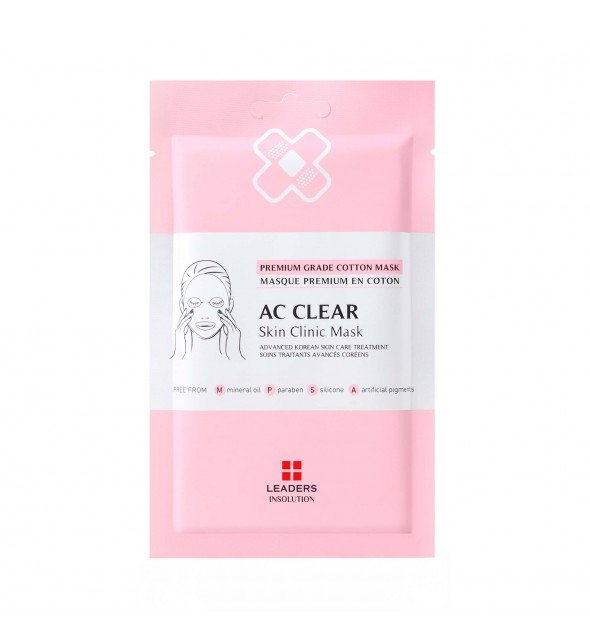 Packaging du masque en coton Leaders Insolution AC Clear Skin Clinic Mask. Masque K-Beauty premium contre l'acné, rose et blanc.