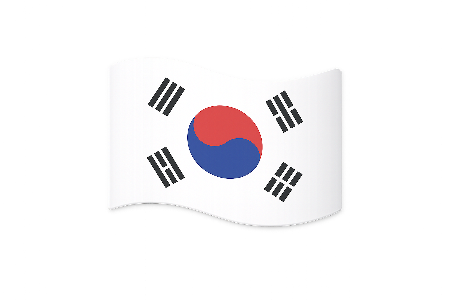 Drapeau de la Corée du Sud avec le symbole du Taegeuk rouge et bleu au centre, entouré de quatre trigrams noirs.