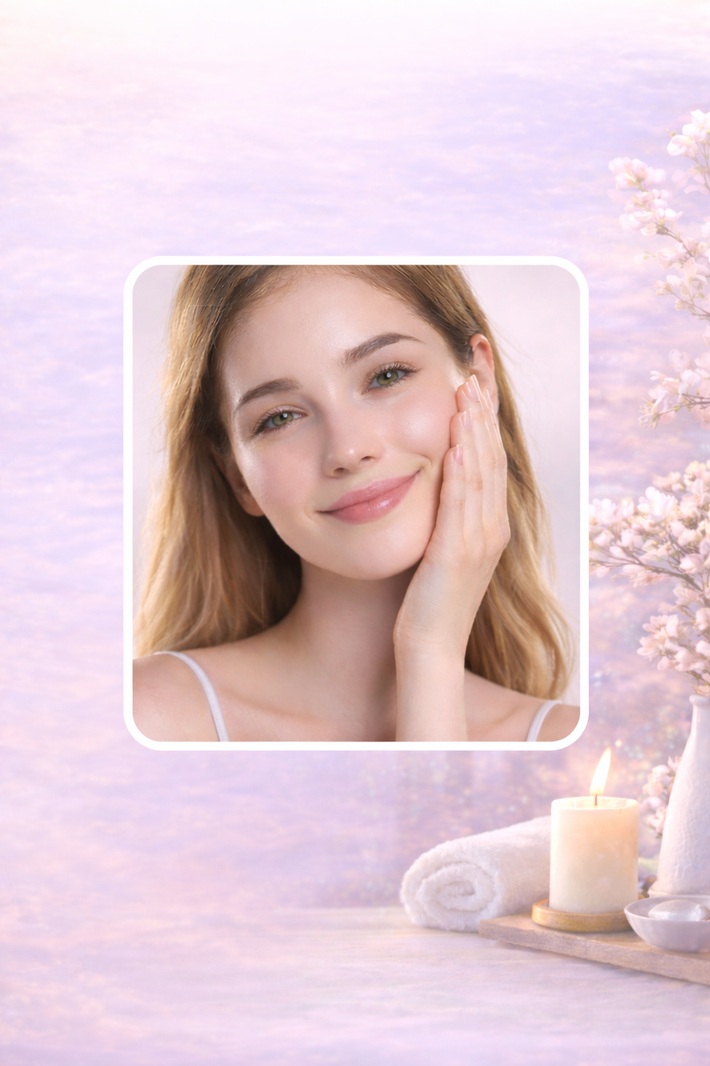 Une jeune femme souriante avec la main sur la joue, promouvant un soin de la peau, dans un environnement relaxant avec une bougie allumée, une serviette blanche et des fleurs de cerisier.