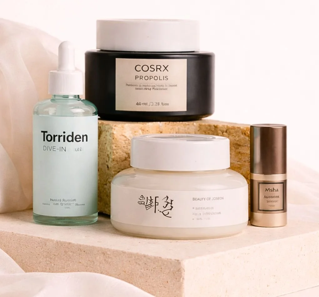 Collection de produits de soins de la peau, y compris des crèmes, un sérum et un flacon de liquide, sur une surface en pierre avec un fond blanc