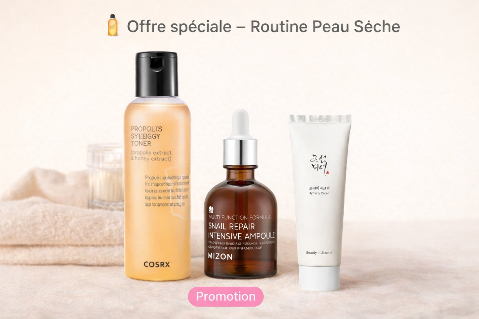 Promotion de produits de soins de la peau pour une routine de peau sèche, comprenant un tonique, une ampoule de réparation au gua sha et une crème de dynastie, avec un fond beige et une serviette