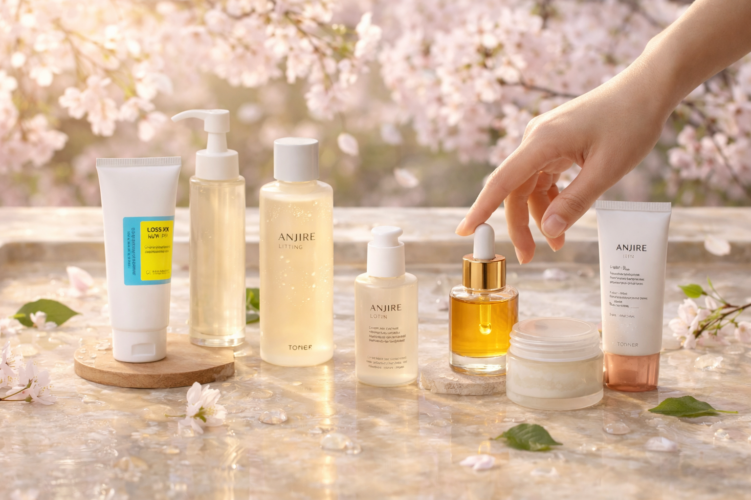Une main ajuste un flacon de sérum dans une collection de produits de soins de la peau, avec des fleurs de cerisier en arrière-plan