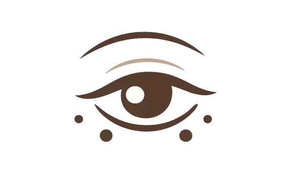 Un oeil stylisé avec des courbes et des points décoratifs en brun