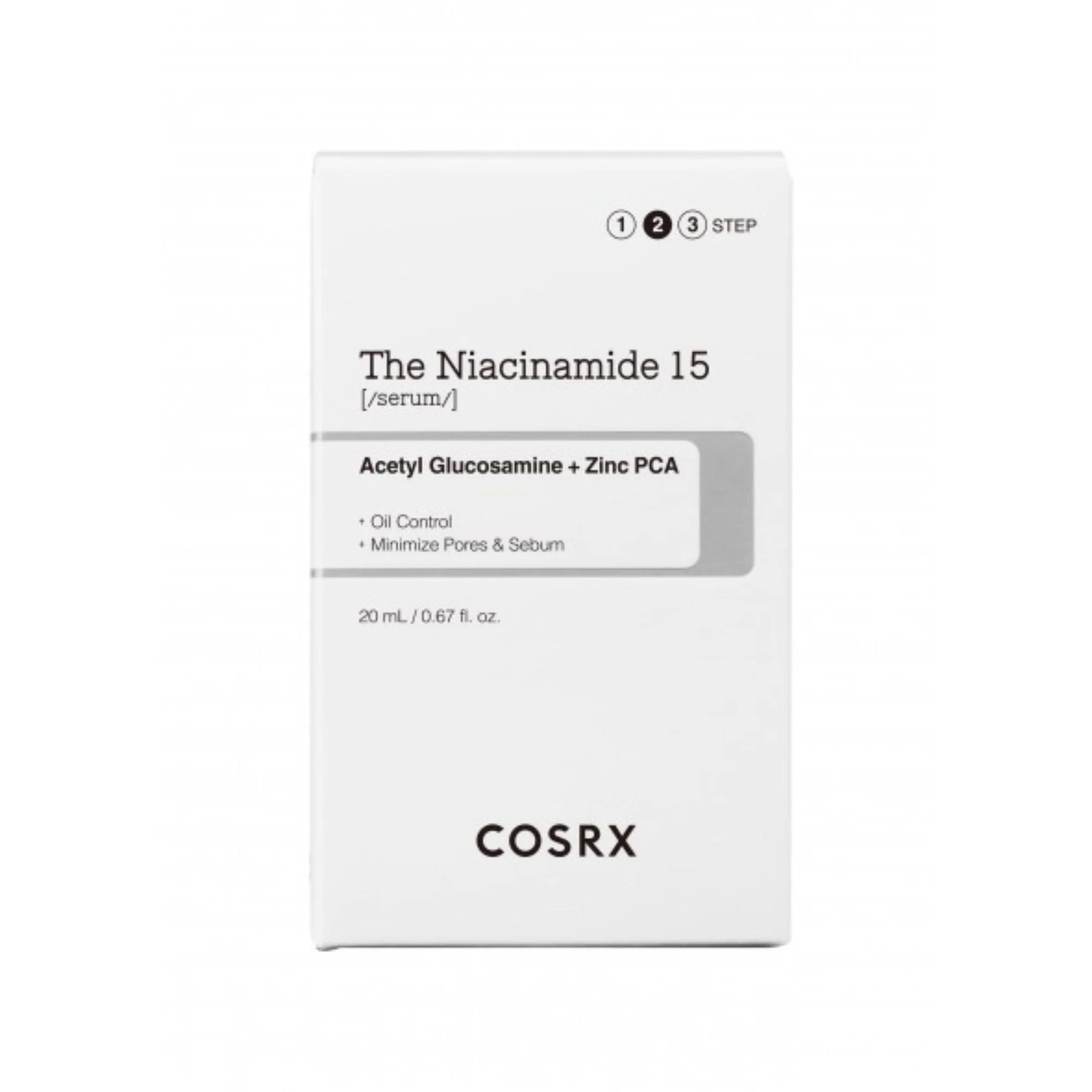 Packaging du sérum COSRX The Niacinamide 15. Boîte blanche et grise du soin K-Beauty Niacinamide et Zinc PCA.