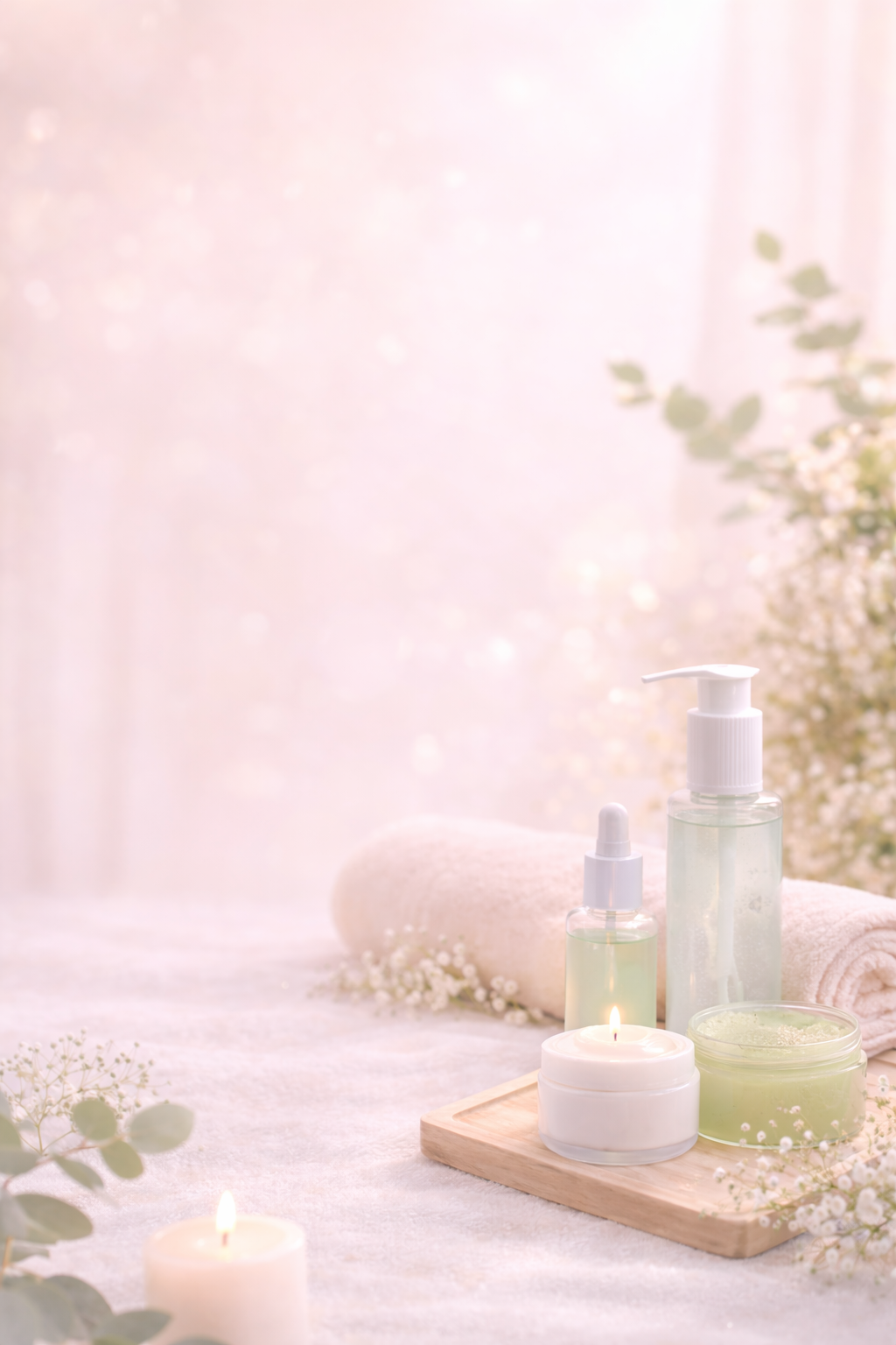 Produits de spa et de soin du visage, comprenant des bouteilles, une bougie allumée, une serviette blanche roulée, et des fleurs blanches délicates, sur une surface en tissu clair avec un fond flou pastel.