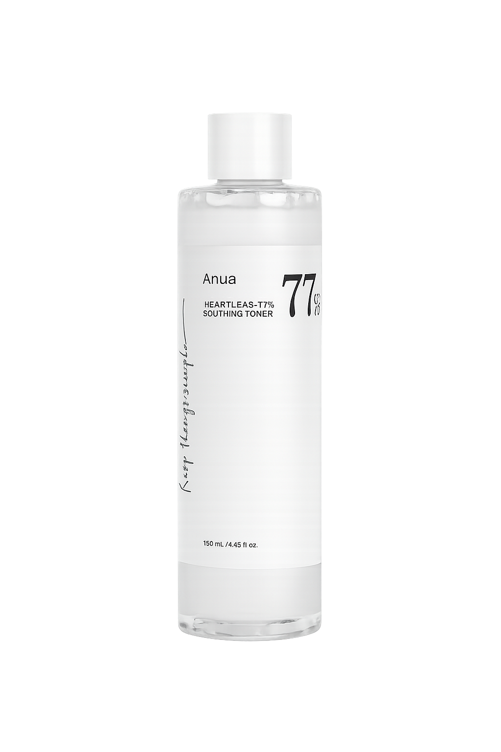 Flacon blanc de tonique apaisant Anua Heartleas-T7% sur fond noir avec des lumières colorées brillantes.