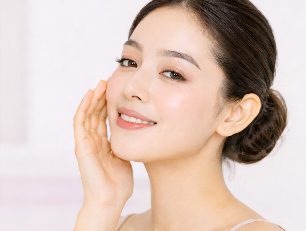 Jeune femme avec peau claire, maquillage naturel, cheveux bruns attachés en chignon, souriant et touchant son visage