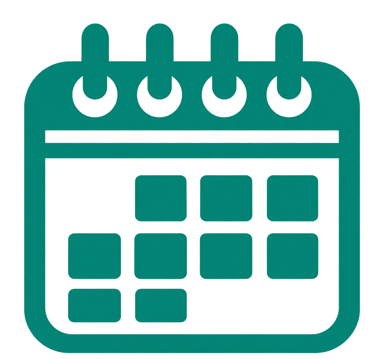 Een digitale weergave van een kalender met een groene achtergrond en enkele vakken voor data, bovenaan vier knoppen.