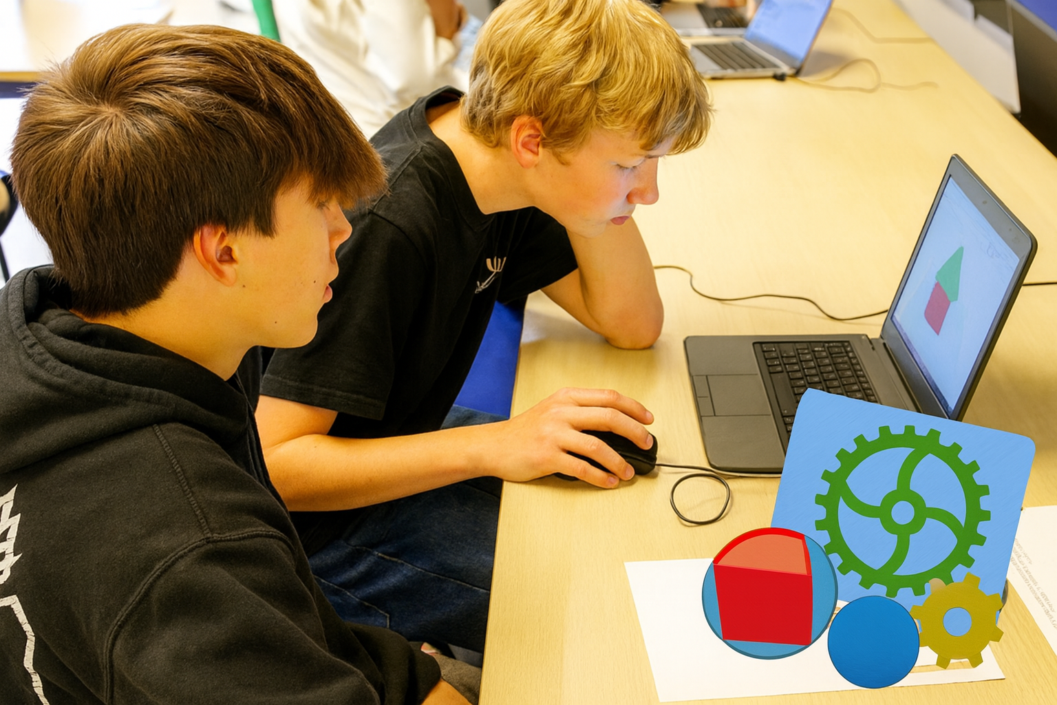 Leerlingen werken samen aan een digitale ontwerpopdracht met een laptop tijdens een creatieve STEM-les.