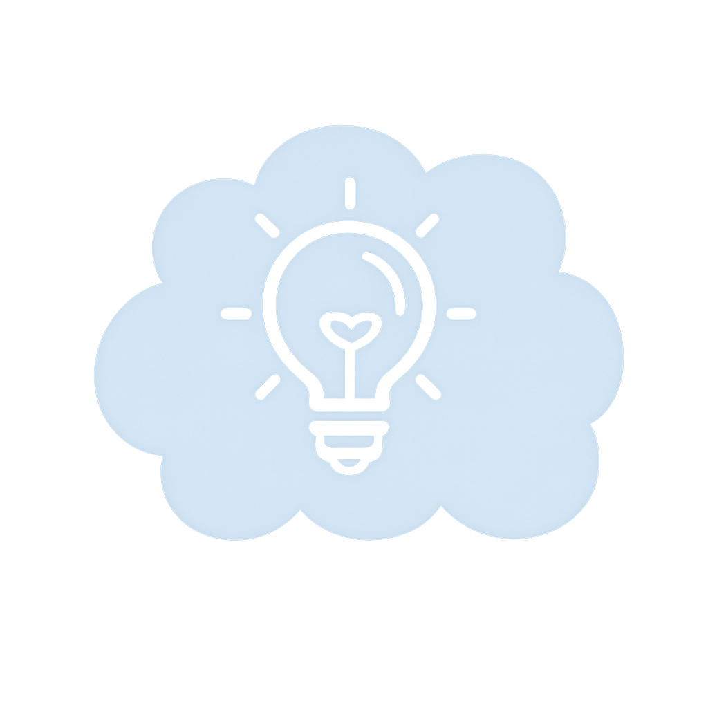 Een schematische tekening van een gloeilamp met een hart in het midden, omgeven door een wolk met stralen eromheen.