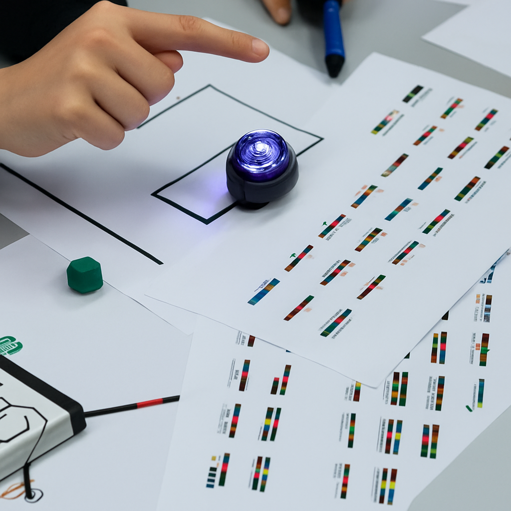 Een persoon gebruikt een stempel met een blauwe LED-lichteffect op een tafel met teststrips en papieren met kleurschema's, mogelijk in een laboratorium of testomgeving.