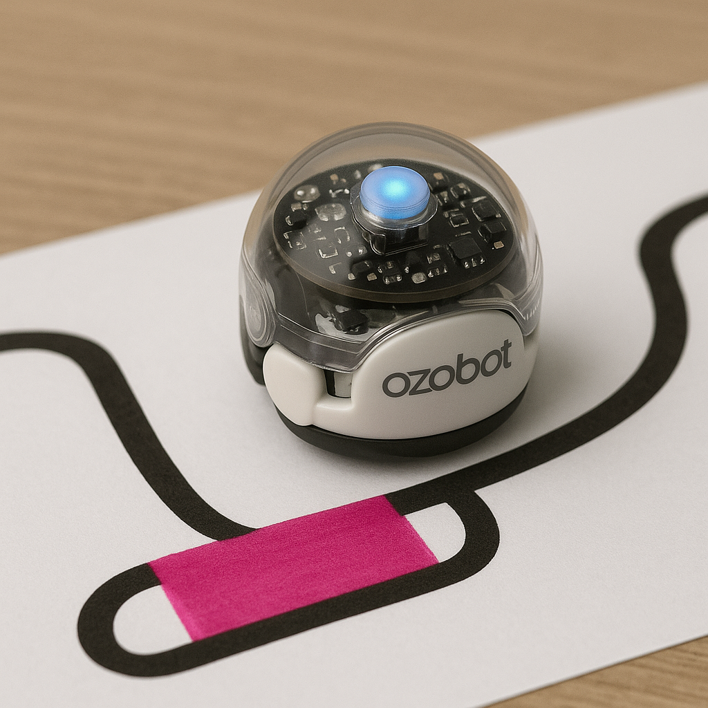 Een kleine robot op een kaart met een roze markering, met het label 'ozobat'.