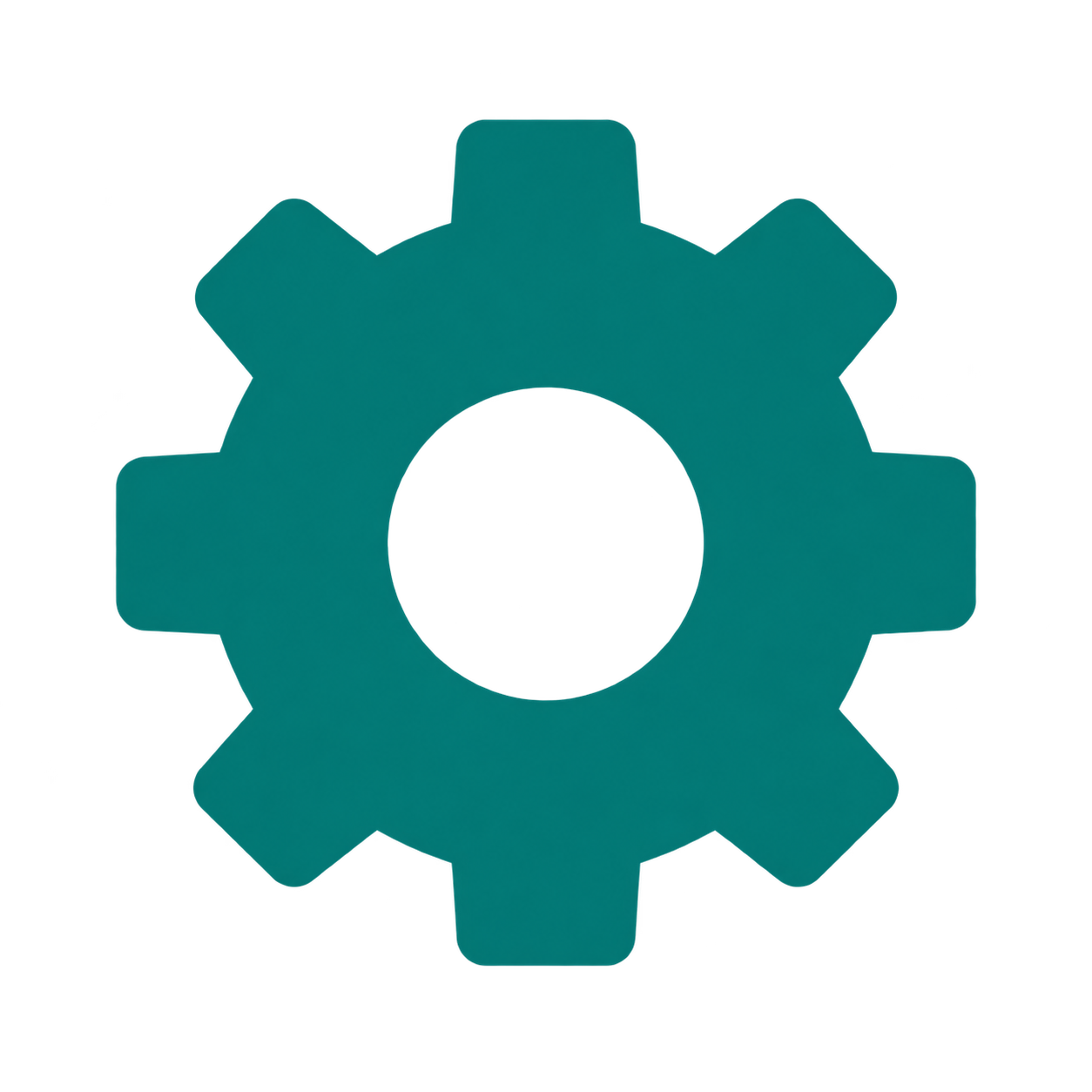 Een eenvoudige, geometrische illustratie van een tandwiel of een mechanisch onderdeel met tanden, in een teal-blauwe kleur.
