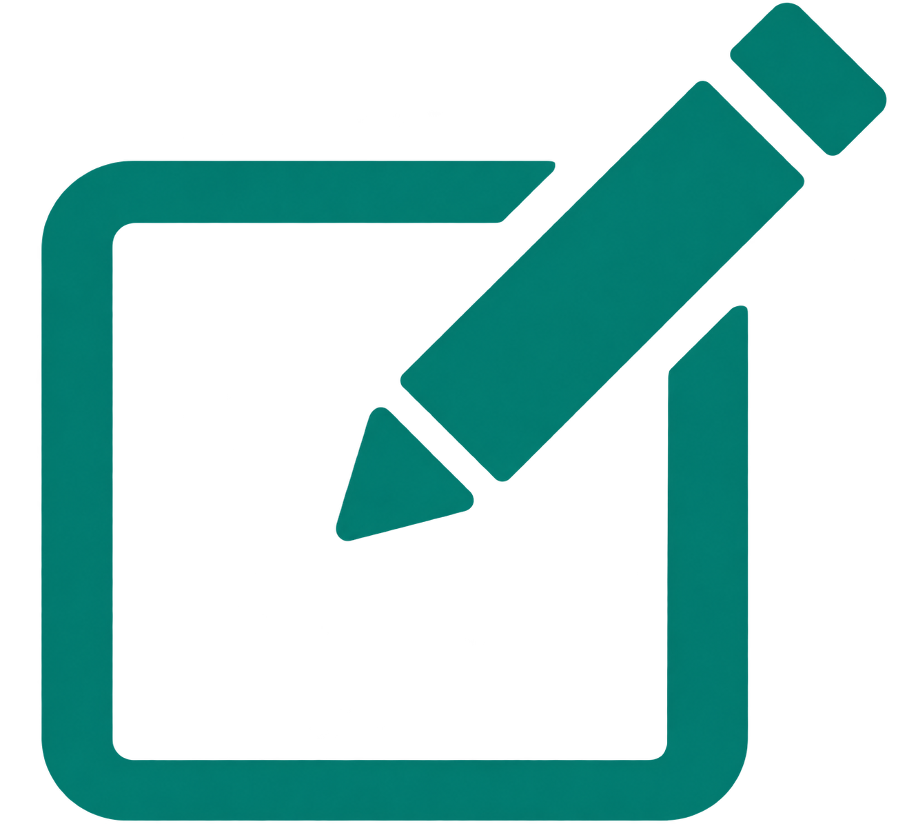 Een groene pictogram van een potlood dat een stuk papier schrijft en een vierkant omlijsting.