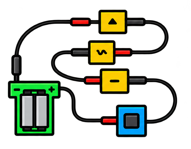 Elektronische schakeling met batterij, verschillende componenten, verbonden door draden.