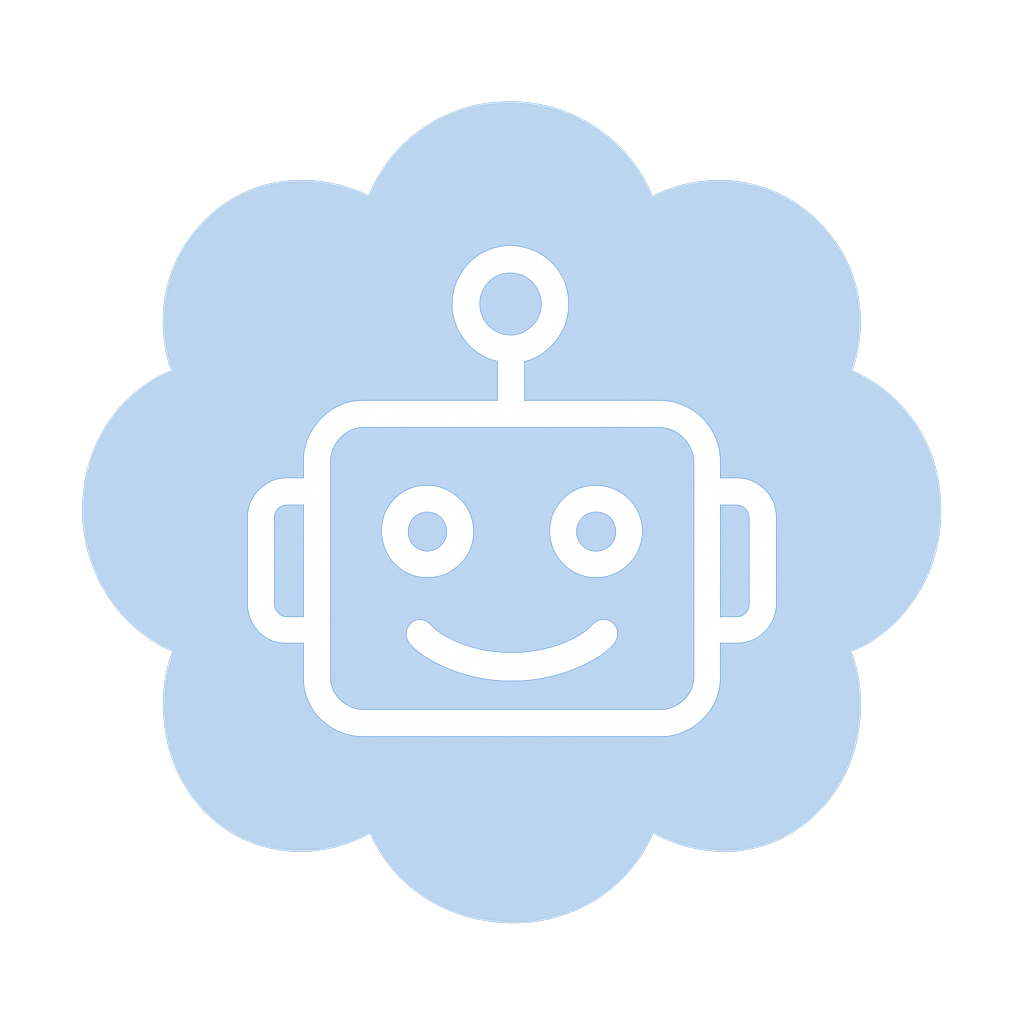Een lijntekening van een robot met een glimlach, omgeven door een blauwe bloemvormige achtergrond.
