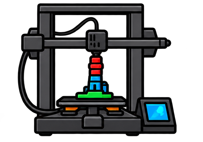 3D-printer die een gestructureerd object print met kleurrijke lagen, met een digitaal scherm aan de rechterkant.