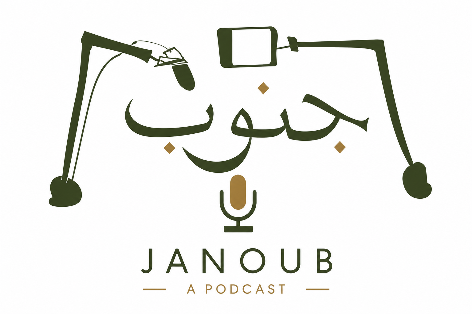 A logo for the Janoub podcast features Arabic calligraphy, a microphone, and a boomerang, all in green, with the podcast name and subtitle in English.