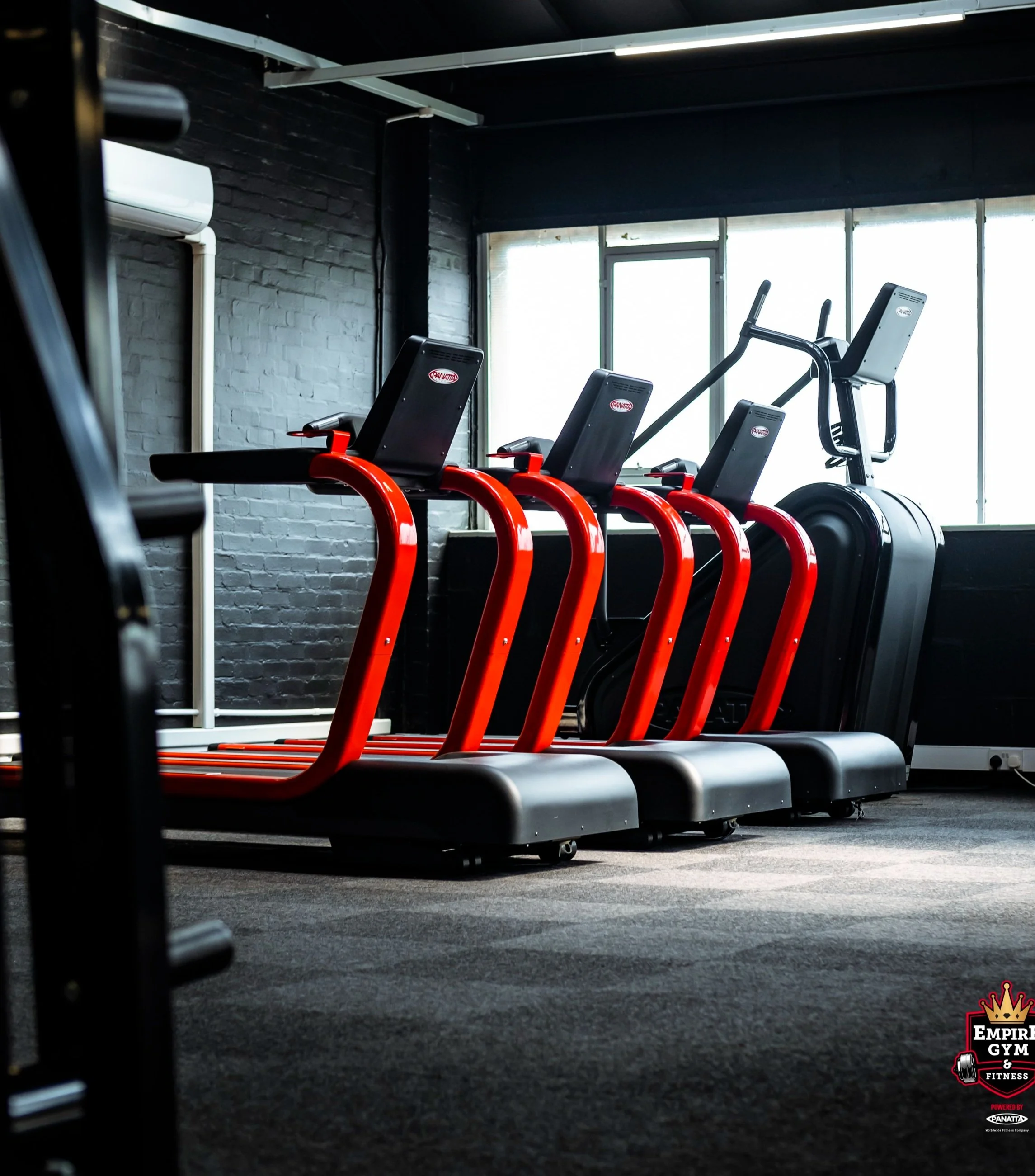 Row of red and black elliptical exercise machines in a gym with large windows and black walls.