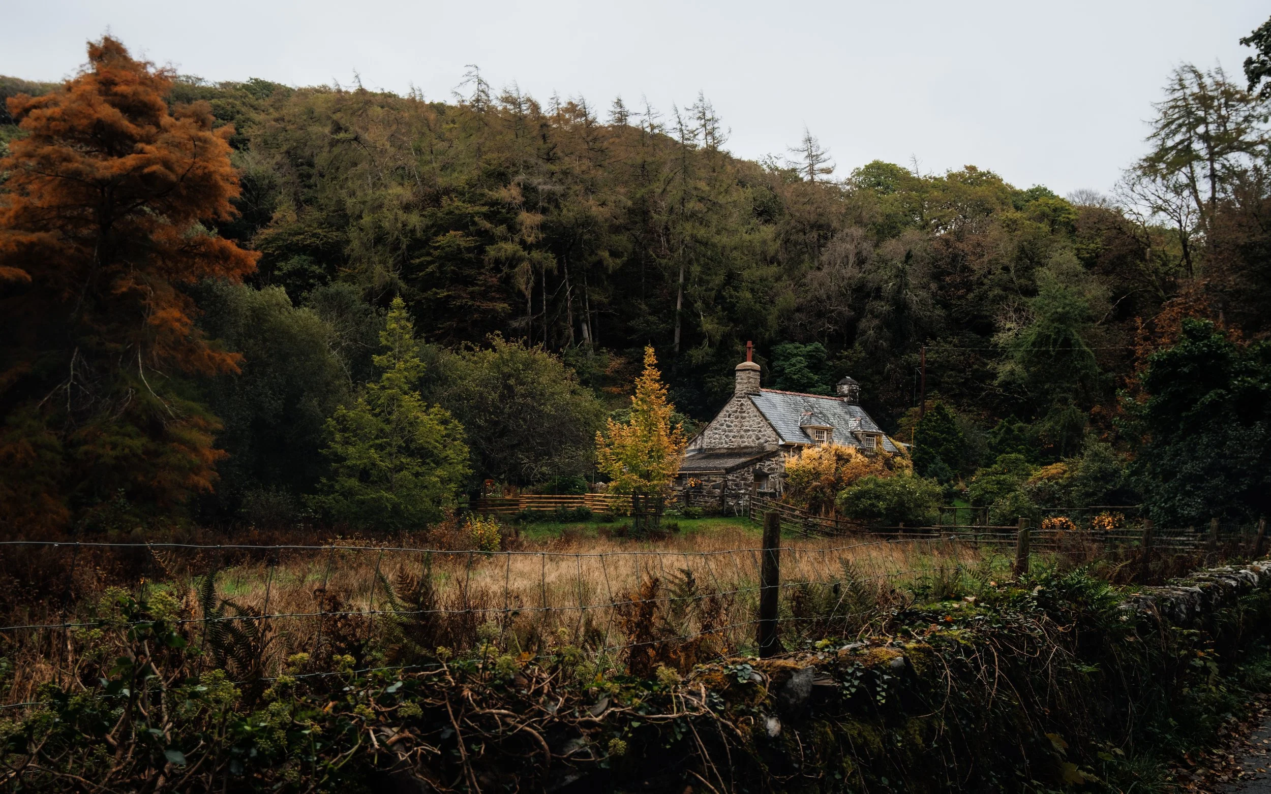A stone cottage surrounded by trees and a fence in a hilly landscape during fall.
