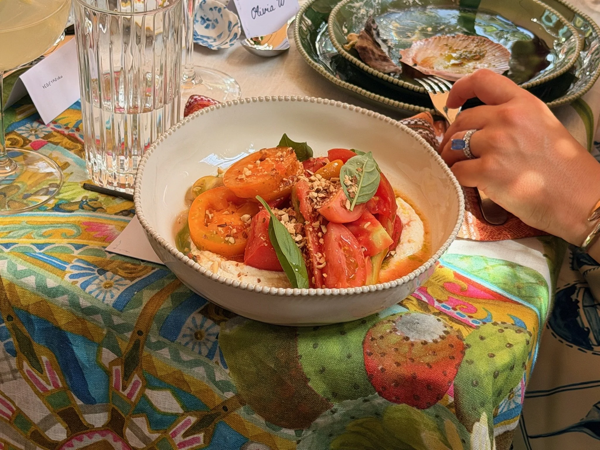 Sharing style heirloom tomatoes, served at a bespoke event in South Melbourne. Elevated in-home dining.