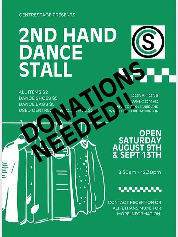 🌟 Donate Your Pre-Loved Dance Gear &ndash; Help Us Fill the 2nd Hand Dance Stall!

We&rsquo;re getting ready for our upcoming 2nd Hand Dance Stall at Centrestage and we need your help!

If you have any old or outgrown dance clothes, shoes, or bags l